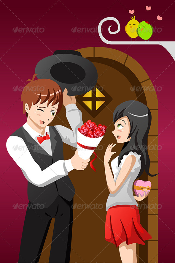 Man Giving Flowers to His Girlfriend - Valentines Seasons/Holidays