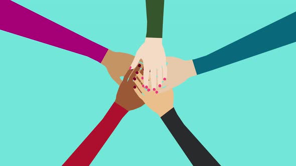 Different colors of hands gathering, anti-racism concept 4K animation