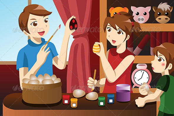 Kids Painting Easter Eggs - People Characters