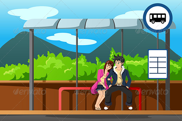 Man and Woman at Bus Stop - People Characters
