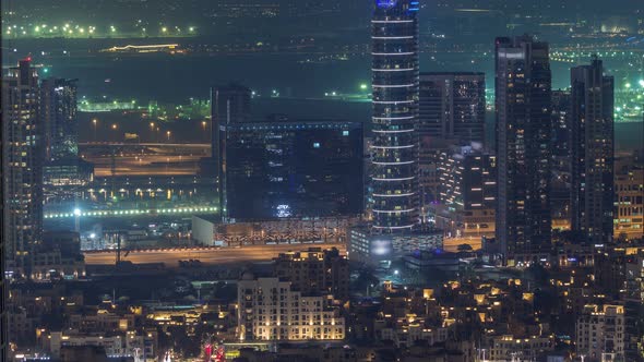 Dubai Downtown Night Timelapse Modern Towers Panoramic View From the Top in Dubai United Arab alt