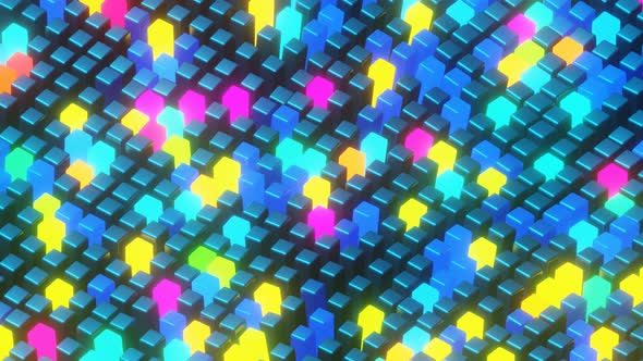 Animated Wave Moving Structure of Neon Blue Purple Pink Yellow Cubes