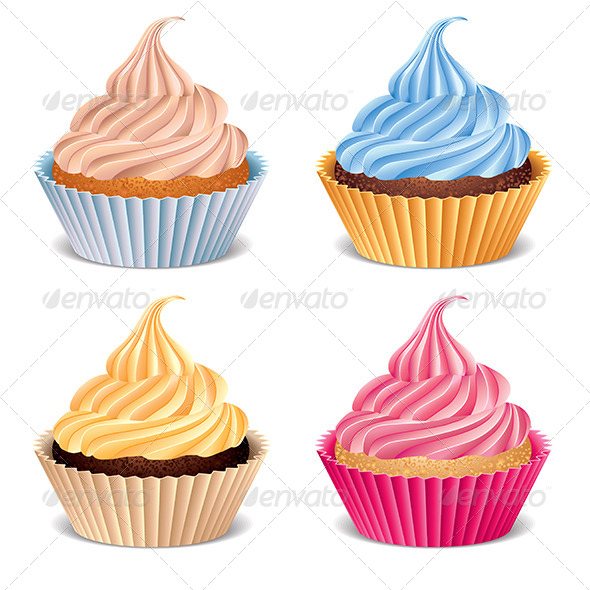 Four Cupcakes Vector Illustration - Food Objects