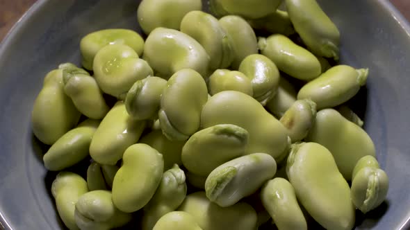 Shelled fava beans rotating in a pretty, handmade ceramic turquoise bowl. alt