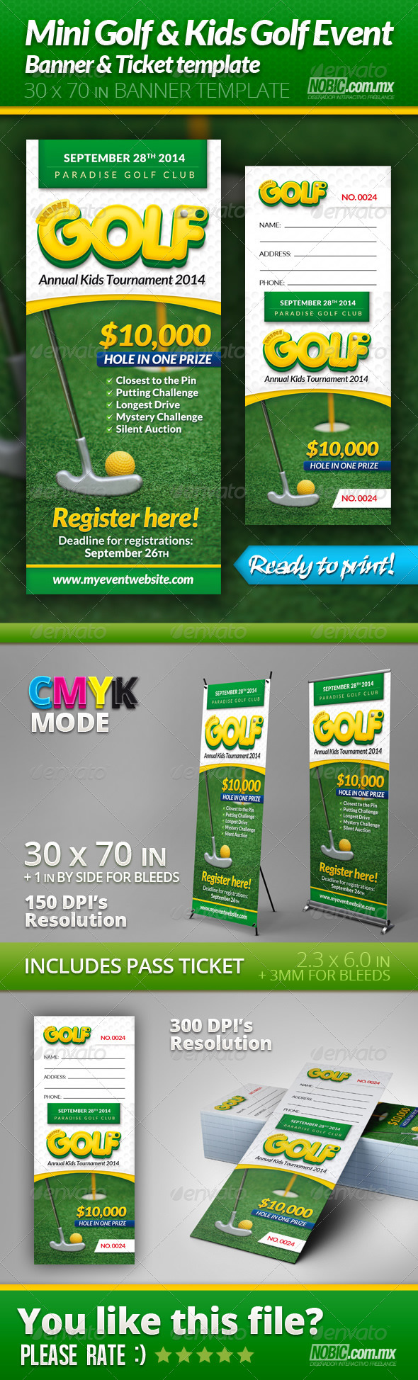Mini Golf and Kids Golf Event Banner and Ticket - Signage Print Templates