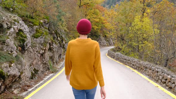 Pretty Smiling Asian Woman Walks in Autumn Road alt