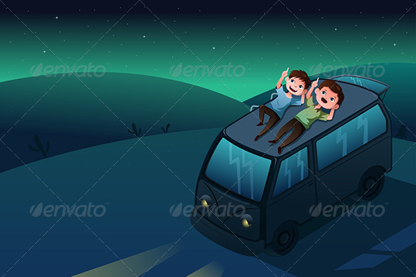 Father and Son Looking at the Stars at Night - People Characters