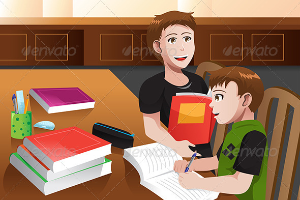 Father Helping his Son doing Homework - People Characters