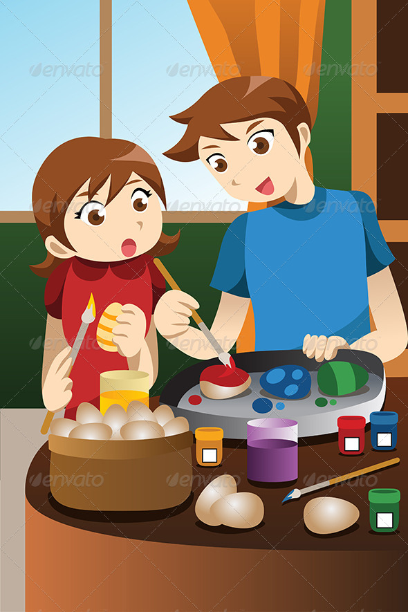 Kids Painting Easter Eggs - People Characters