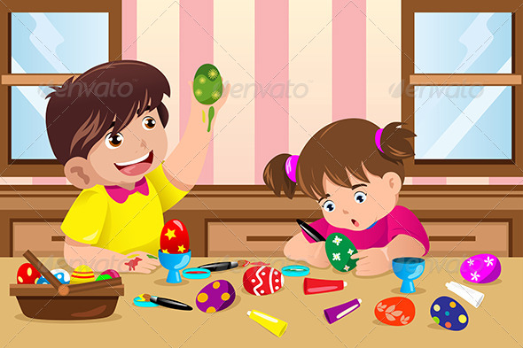 Kids Painting Easter Eggs - People Characters
