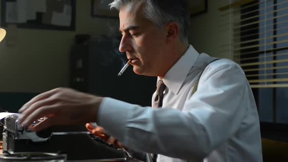 Vintage reporter working late at night and smoking