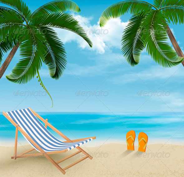 Travel Background with Palm Leaves on Beach - Travel Conceptual