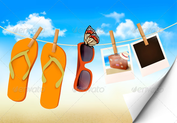 Flip Flops and Photo Cards Hanging on Rope - Travel Conceptual