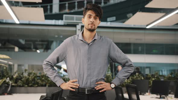 Portrait Angry Sad Disappointed Guy Arab Businessman Lawyer Dissatisfied Standing in Office Putting alt