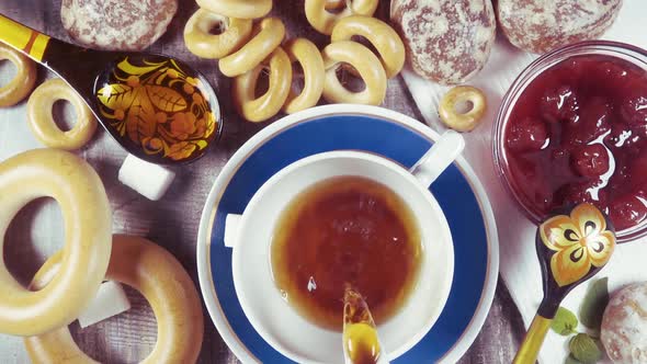 Slow Motion Traditional Russian Tea Party with Pastries Top View