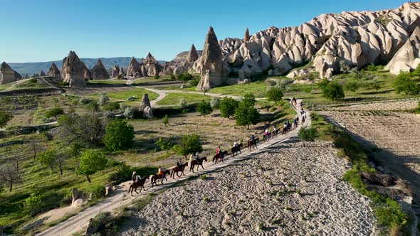 Horseback riding in Cappadocia aerial view 4 K alt