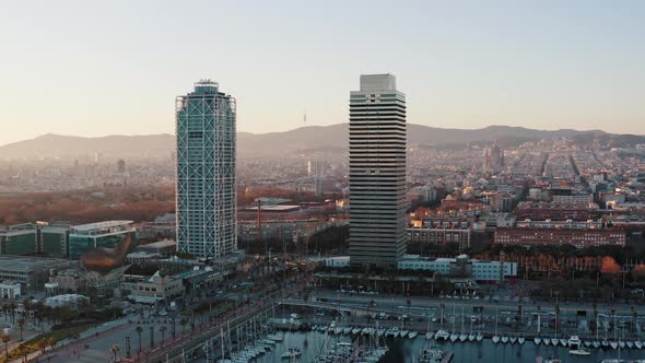 Aerial Panorama of Barcelona Coastal District with Skyscrapers Twins alt