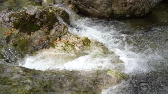 Flowing Clean Water of Mountains River Through the Stones Closeup View