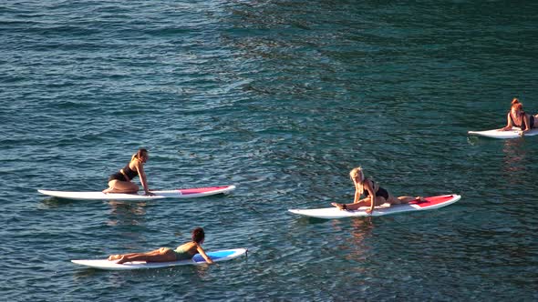 Group of Young Womens in Swimsuit Doing Yoga on Sup Board in Calm Sea Early Morning alt