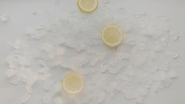 Lemon Slice Fall with Ice Cube on White Background alt
