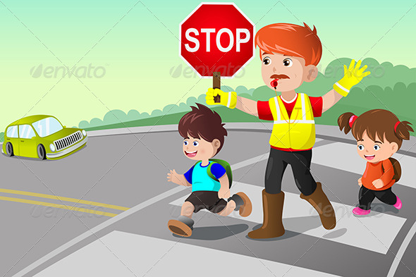 Flagger and Kids Crossing the Street - People Characters