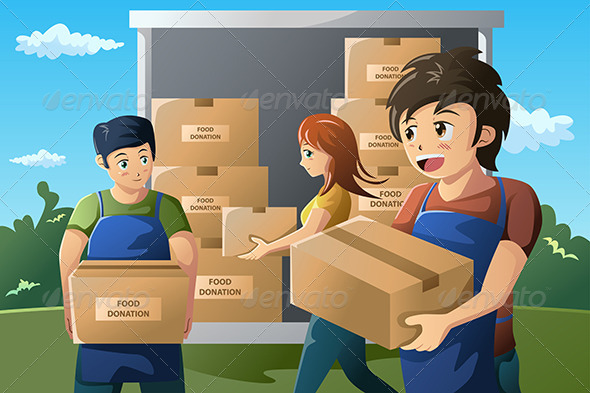 Team of Volunteers Working at Food Donation Center - People Characters