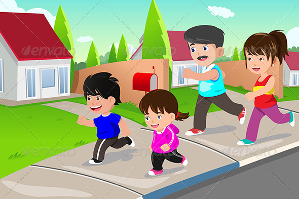 Family Running Outdoor in a Suburban Neighborhood - People Characters