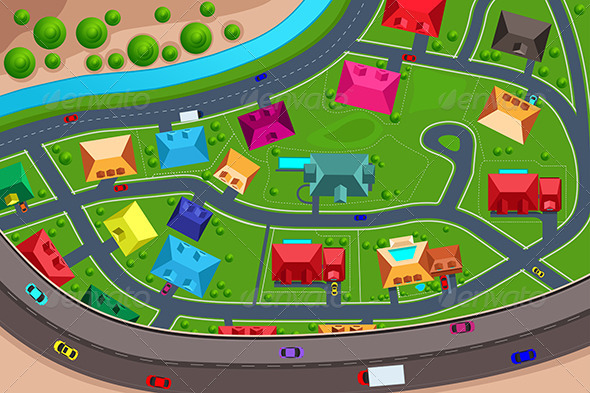 Houses in Suburban Viewed from Above - Buildings Objects