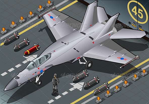 Isometric Fighter Bomber Landed in Front View - Objects Vectors