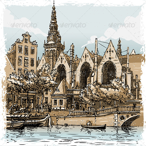 Vintage Hand Drawn View of Old Church in Amsterdam - Buildings Objects