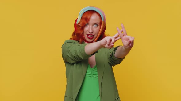 Cheerful Redhead Woman Showing Hashtag Symbol with Hands Likes Tagged Message Popular Viral Content alt