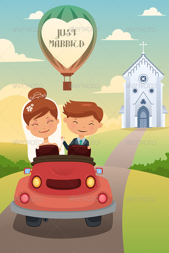 Bride and Groom Riding a Car after Wedding - Weddings Seasons/Holidays