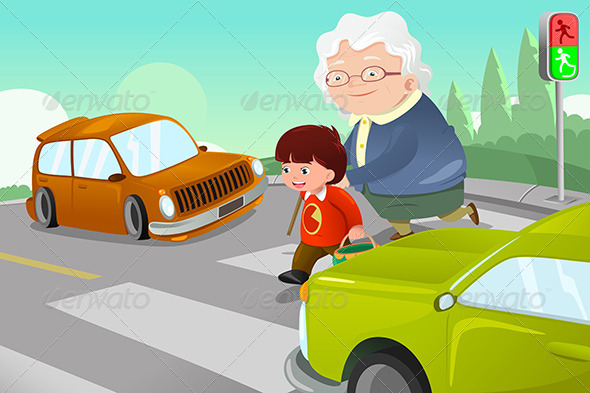 Kid Helping Senior Lady Crossing the Street - People Characters