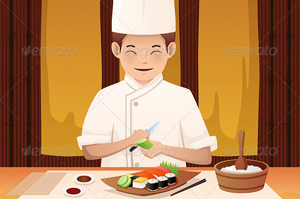 Sushi Chef Working in a Restaurant - People Characters