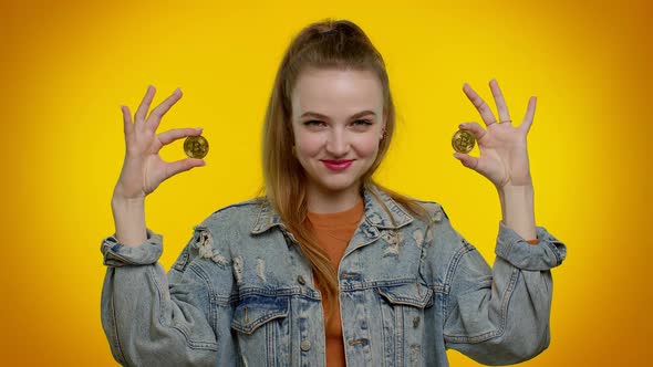 Teenager Girl Showing Golden Bitcoins Career Cryptocurrency Investment Mining Future Technology alt