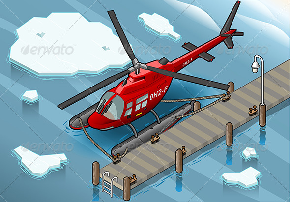 Isometric Arctic Emergency Helicopter at Pier - Objects Vectors