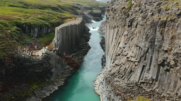 Aerial Footage of Studlagil Volcanic Basalt Canyon Jokulsa Bru River Highlands of Iceland Popular alt