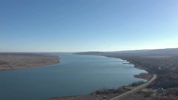 Slow descending over Danube river on Balkans 4K aerial footage alt