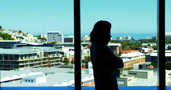 Silhouette of couple interacting with each other near the window alt