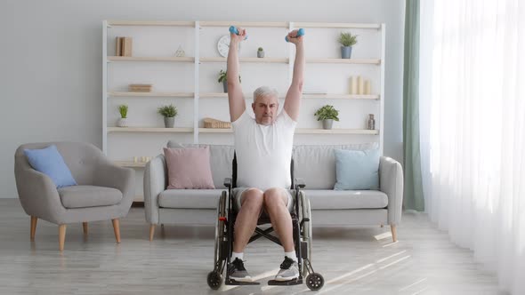 Impaired Man Exercising With Dumbbells Sitting In Wheelchair At Home alt