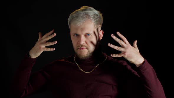Stylish Young Man with Blue Eyes Looking at Camera Posing Feeling Happiness Fun Enjoyment alt