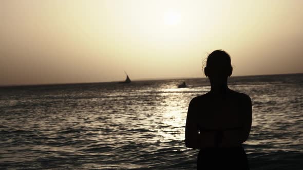 Silhouette of a Beautiful Young Woman Looking at the Sunset in the Ocean Africa alt