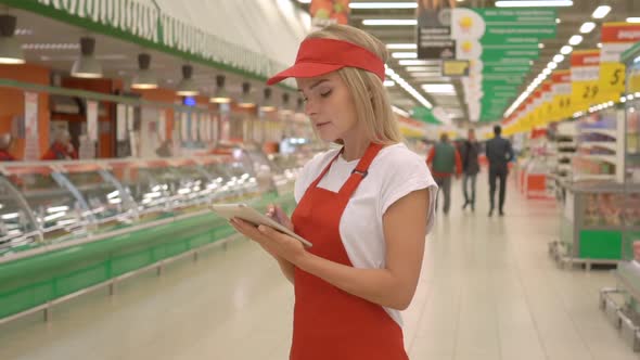 Female sales clerk in red apron using a digital tablet