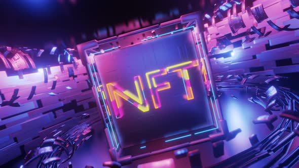 Rotation of technological cube with neon NFT inscription.. Seamless animation.