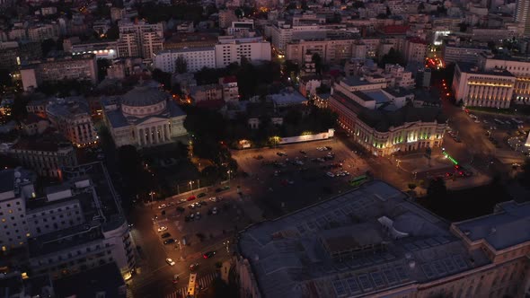 Aerial Shot of Sunset Over the Streets of Bucharest Overlooking the Ateneum alt
