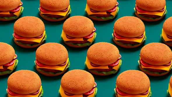 Tasty cheeseburgers in rows are jumping and moving together in one direction. alt