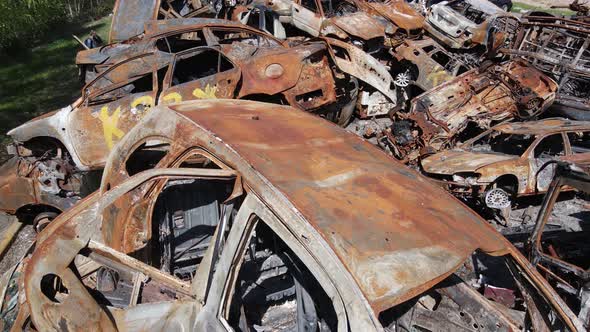 War in Ukraine a Dump of Shot and Burned Cars in the City of Irpen Near Kyiv alt