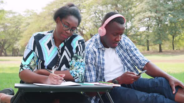 Young African couple listen to music and drawing during picnic in the park
