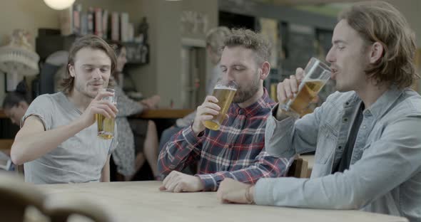 Men talking and drinking beer while sitting in pub 