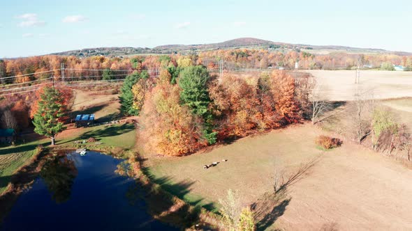 Aerial Drone Shot Ascending Over a Pristine Farm Landscape with Fall Colors